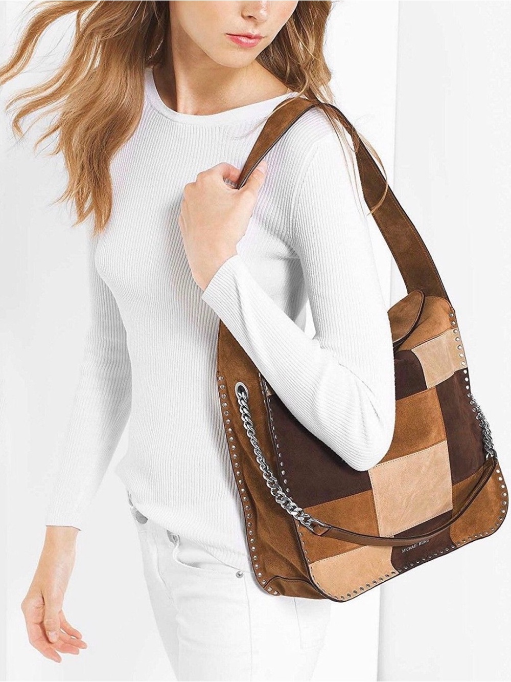 Michael Kors Astor Large Hobo Patchwork Suede Dark Caramel NWT